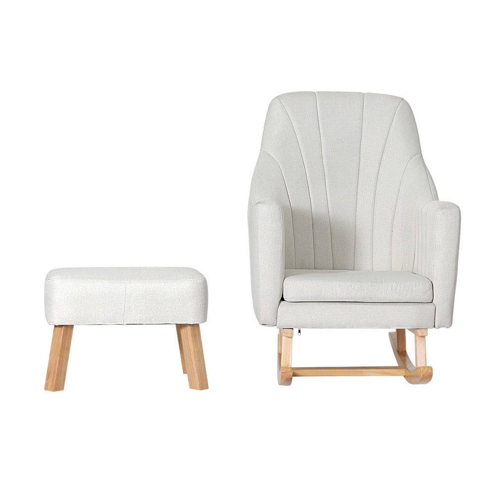 Cream fabric rocking chair with channel-stitched backrest and matching ottoman, natural wood base, white background