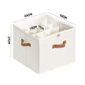 Cream fabric shoe organizer box with 12-grid dividers and brown leather handles, dimensions 43x43x27cm