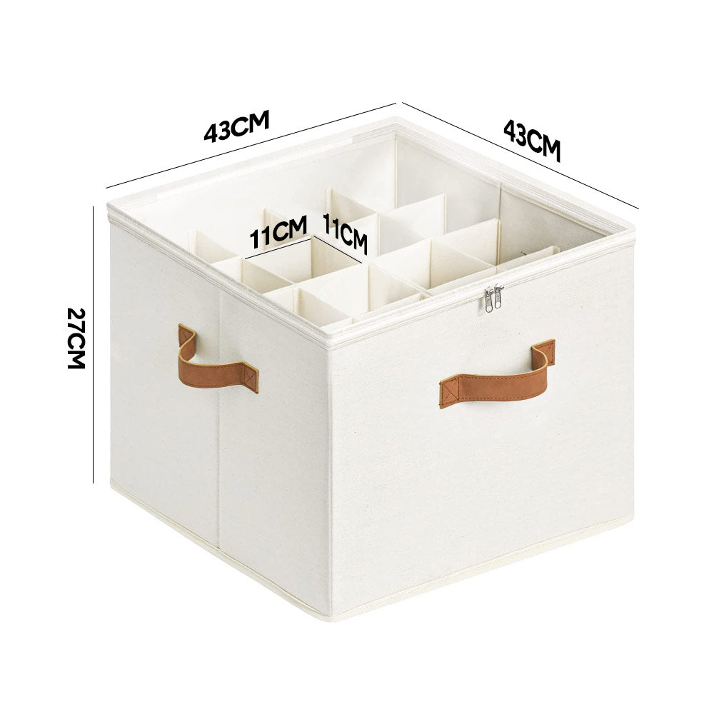 Cream fabric shoe organizer box with 12-grid dividers and brown leather handles, dimensions 43x43x27cm