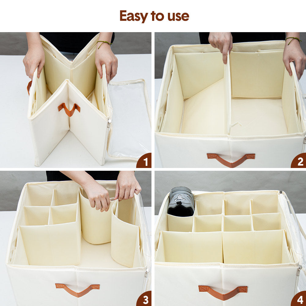 Four-step assembly guide for cream fabric shoe organizer showing unfolding and loading compartments