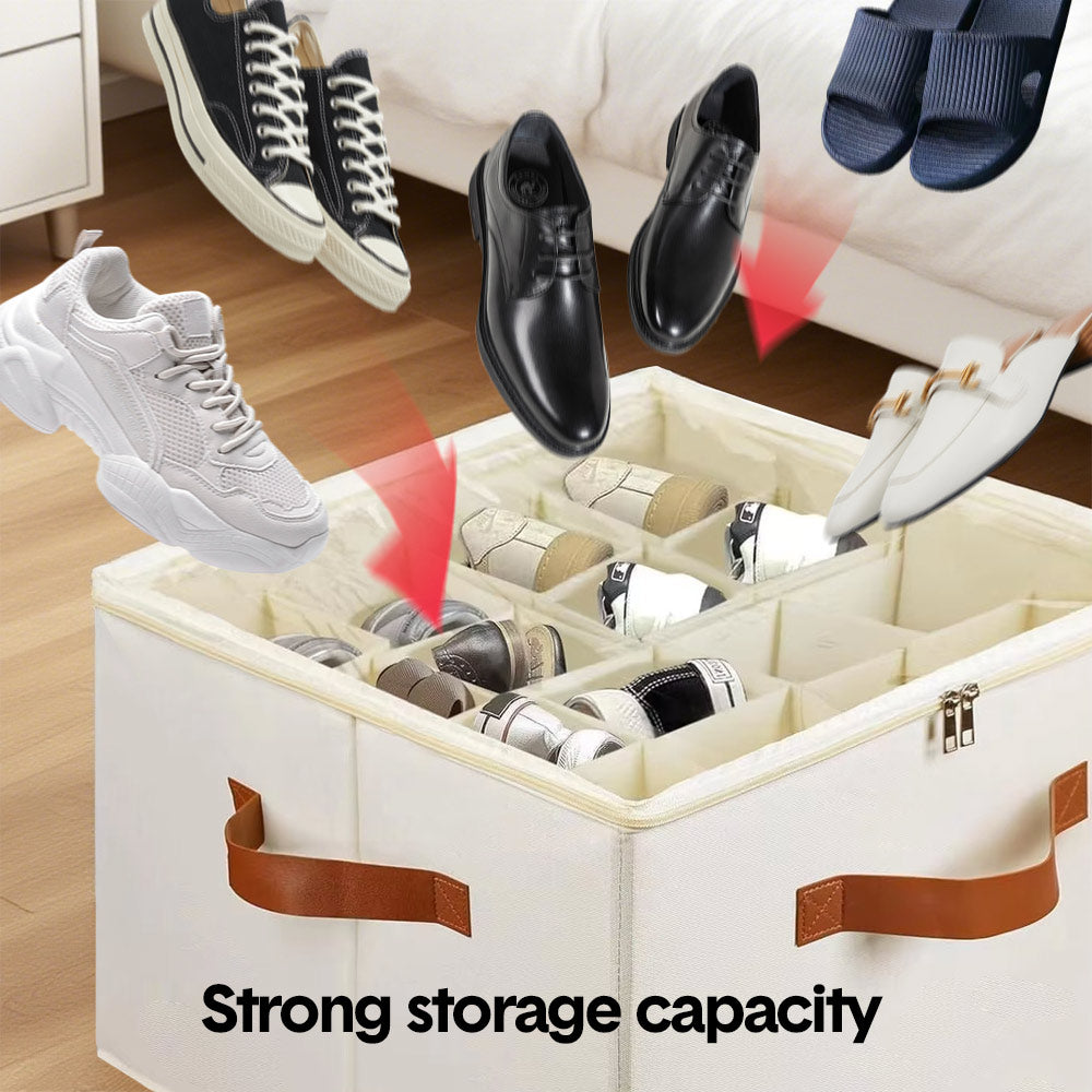 Cream fabric shoe storage box open on bedroom floor with various shoes being dropped in strong storage capacity text