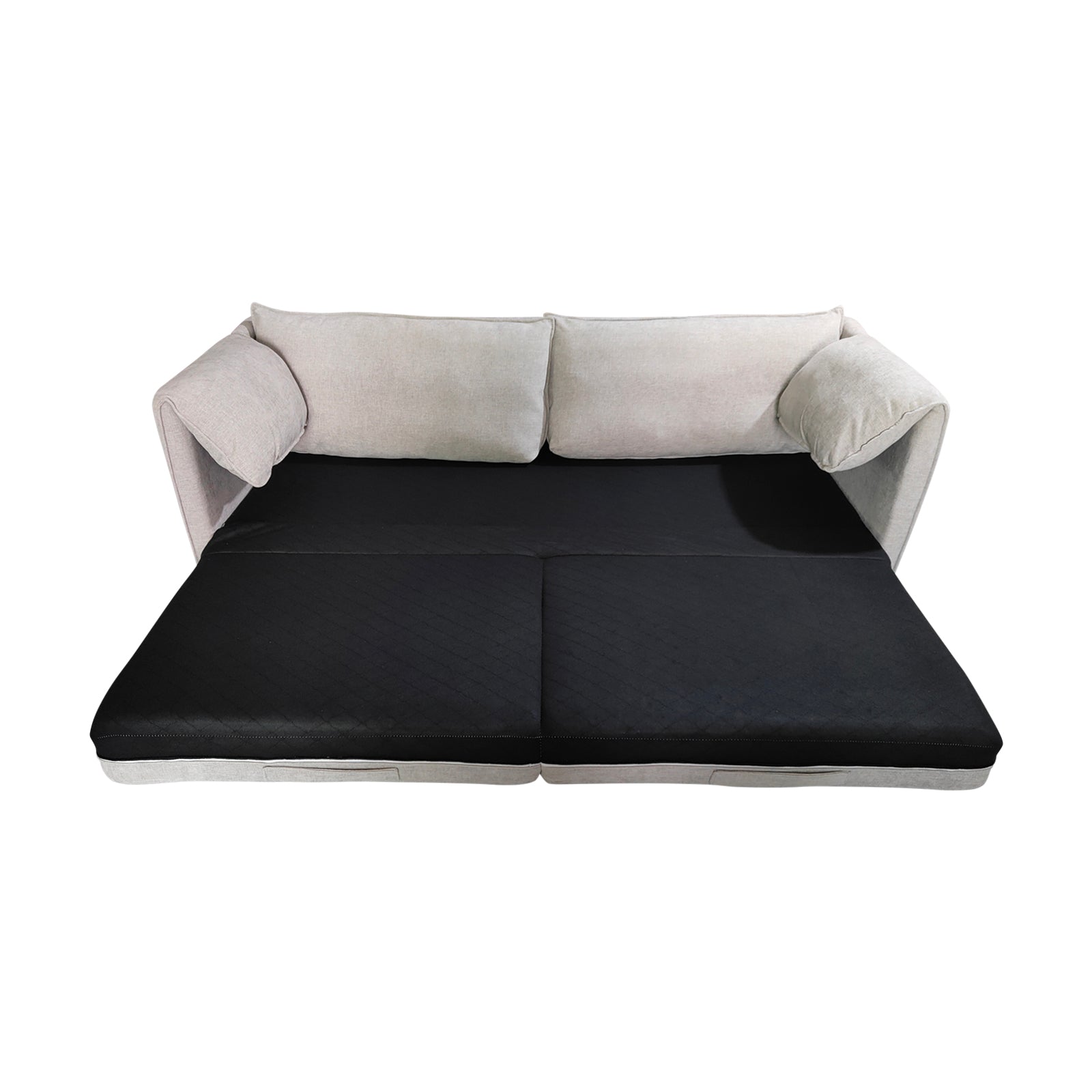 Cream sofa bed in fully extended flat position showing black pull-out mattress on white background