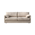 Cream plush 2-seater sofa bed with curved side panels and two small cushions on white background front view