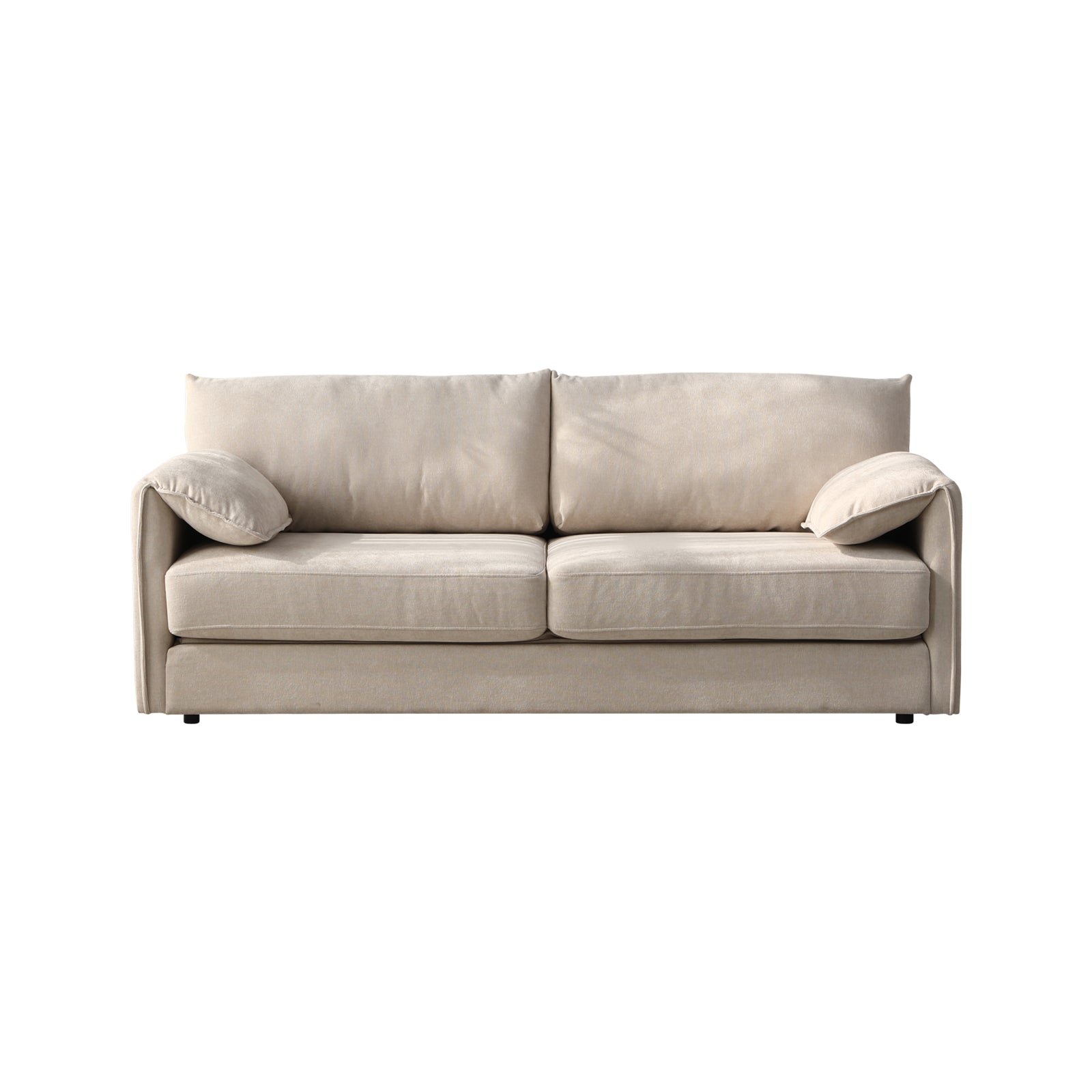 Cream plush 2-seater sofa bed with curved side panels and two small cushions on white background front view