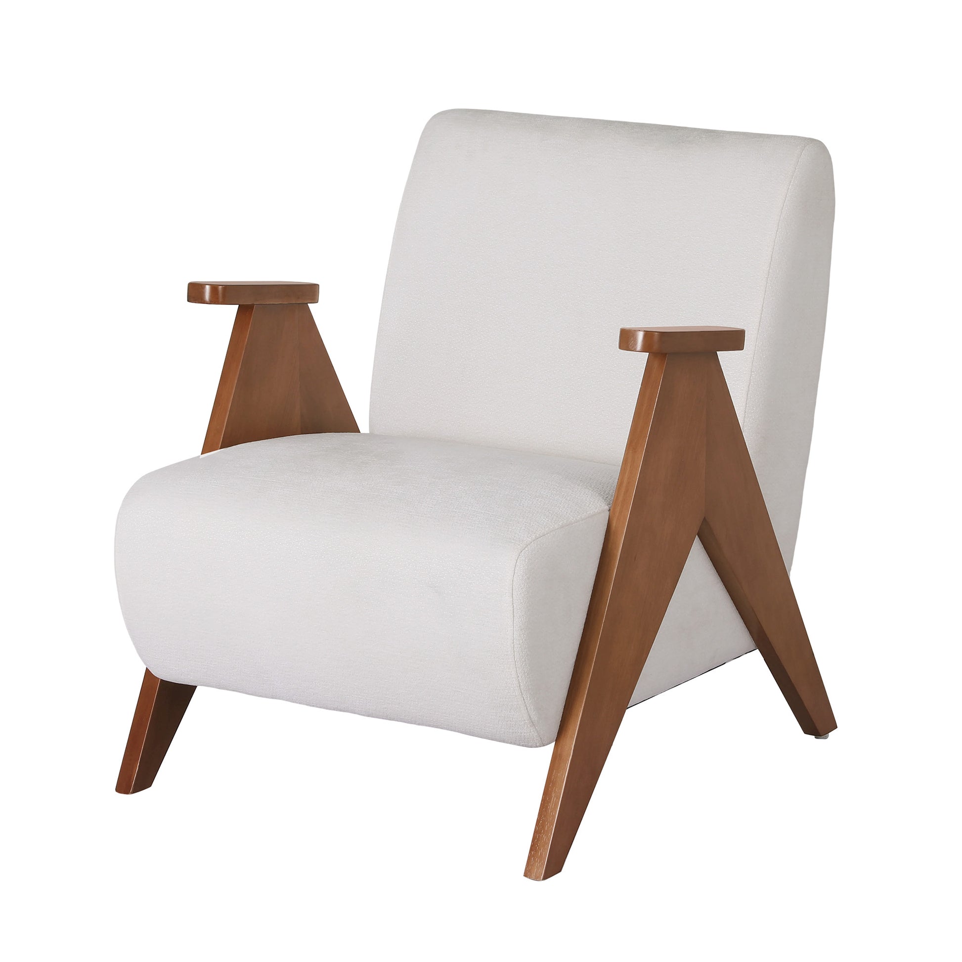 Cream fabric accent chair with walnut V-shaped oak legs and rounded armrests, three-quarter angle on white background