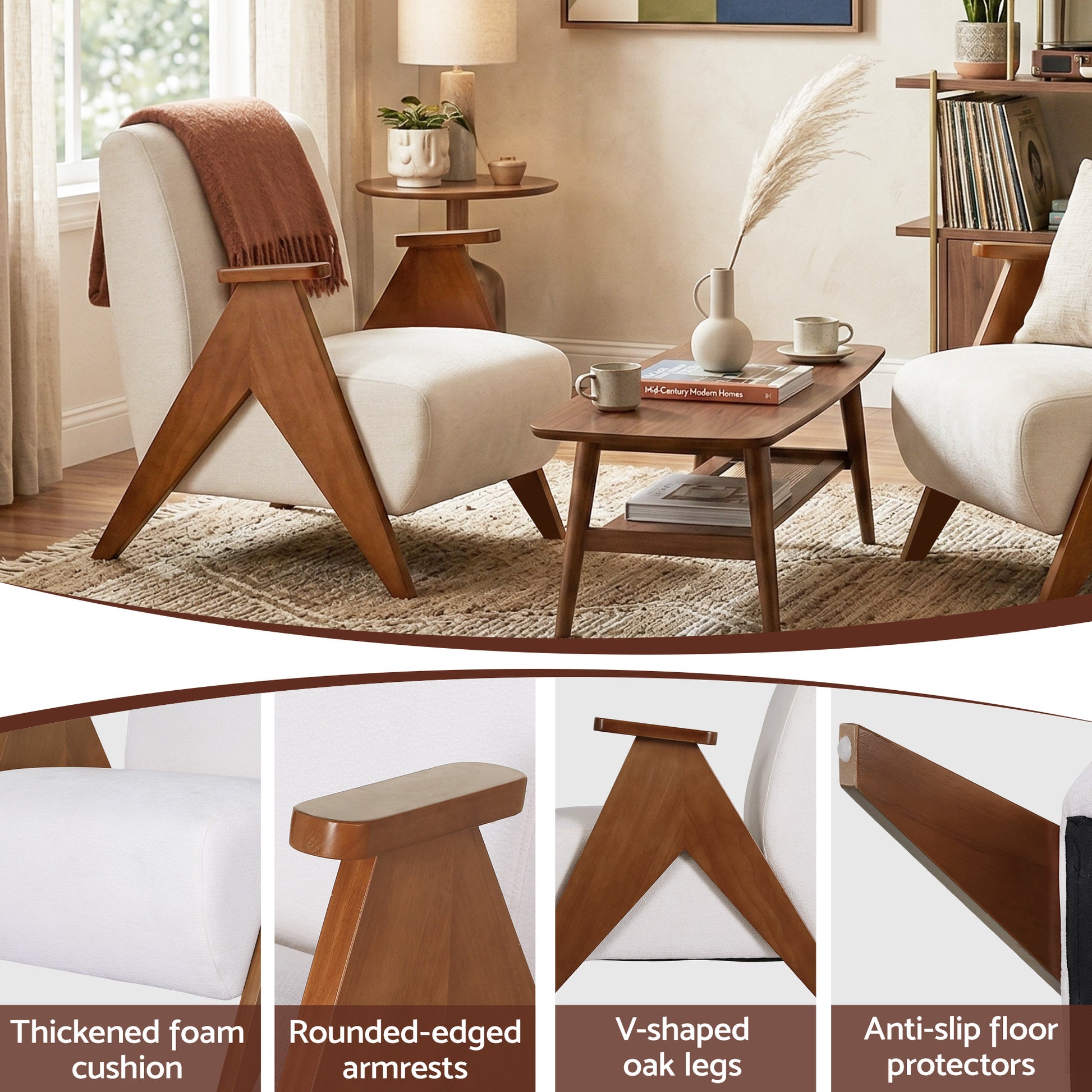 Cream fabric V-leg accent chair lifestyle, insets: foam cushion, rounded armrests, V-shaped oak legs, floor protectors