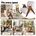 Cream fabric V-leg accent chair composite, text: Fits every space, settings: Living room, Study room, Bedroom, Balcony
