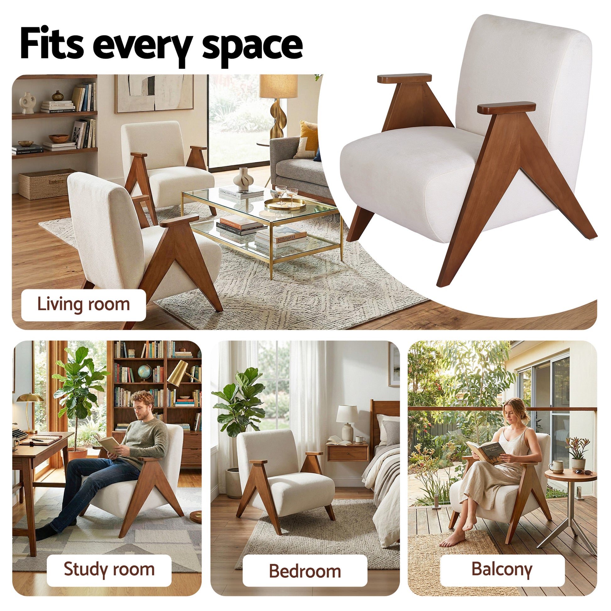 Cream fabric V-leg accent chair composite, text: Fits every space, settings: Living room, Study room, Bedroom, Balcony