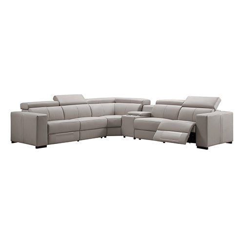 Cream leather L-shaped sectional recliner sofa front view with extended footrests and centre console on white background