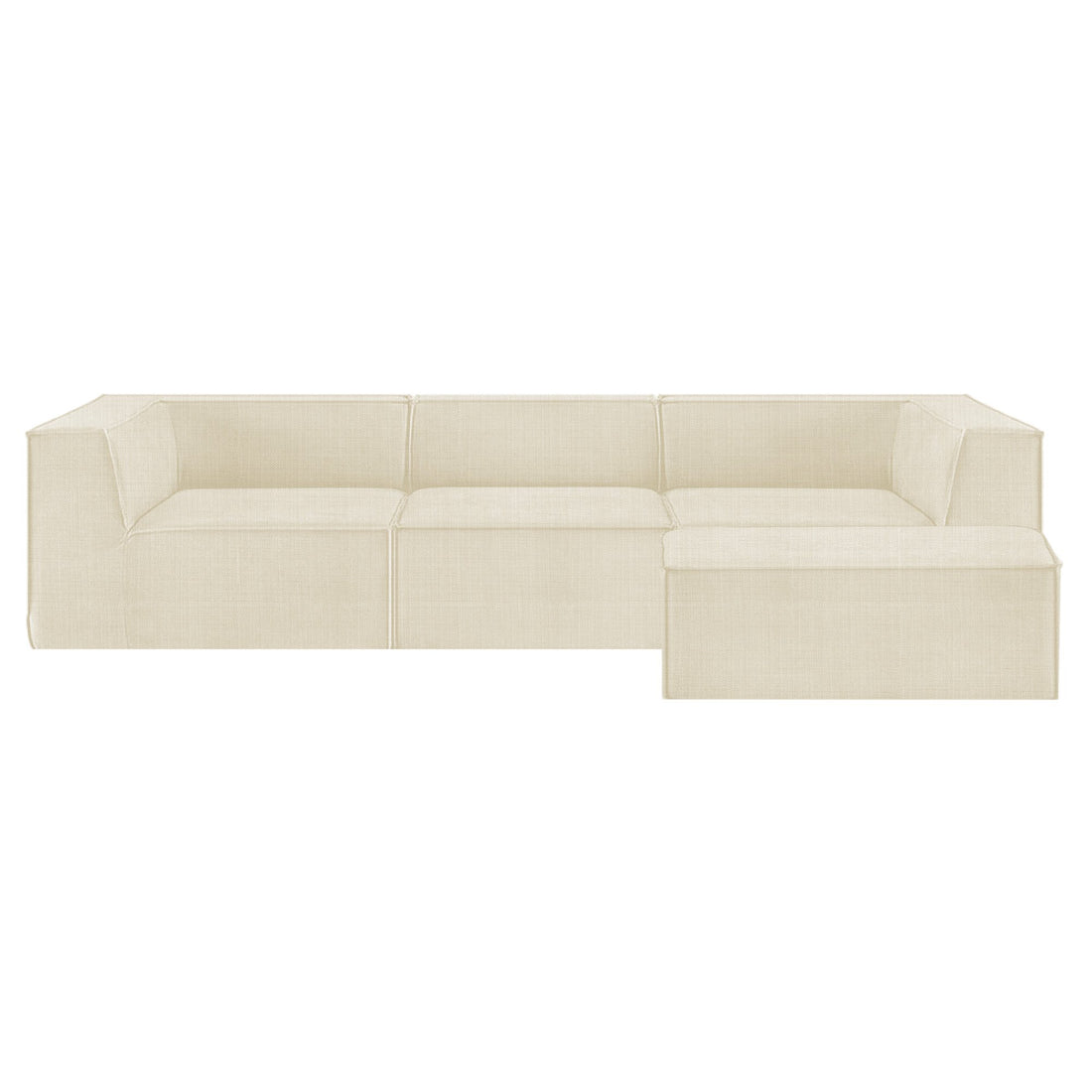 Cream linen modular L-shaped sofa with chaise ottoman on white background, no visible legs, three sections