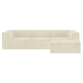 Cream linen modular L-shaped sofa with chaise ottoman on white background, no visible legs, three sections