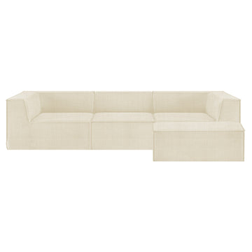 Cream linen modular L-shaped sofa with chaise ottoman on white background, no visible legs, three sections