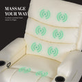 Cream PU leather recliner backrest with 8 green massage zone indicators, cup holders visible, text 