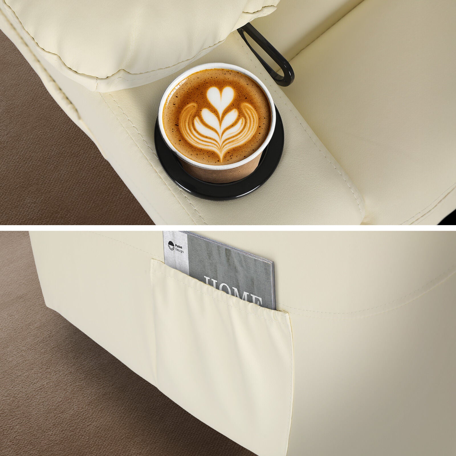 Cream tufted PU recliner detail: cup holder with latte (top) and side pocket with magazine (bottom)