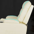 Cream tufted PU leather recliner backrest and seat with teal glowing massage indicators along seams, dark background