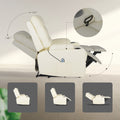 Cream tufted PU recliner side view with 110° and 140° recline angles, remote in pocket, three position insets below