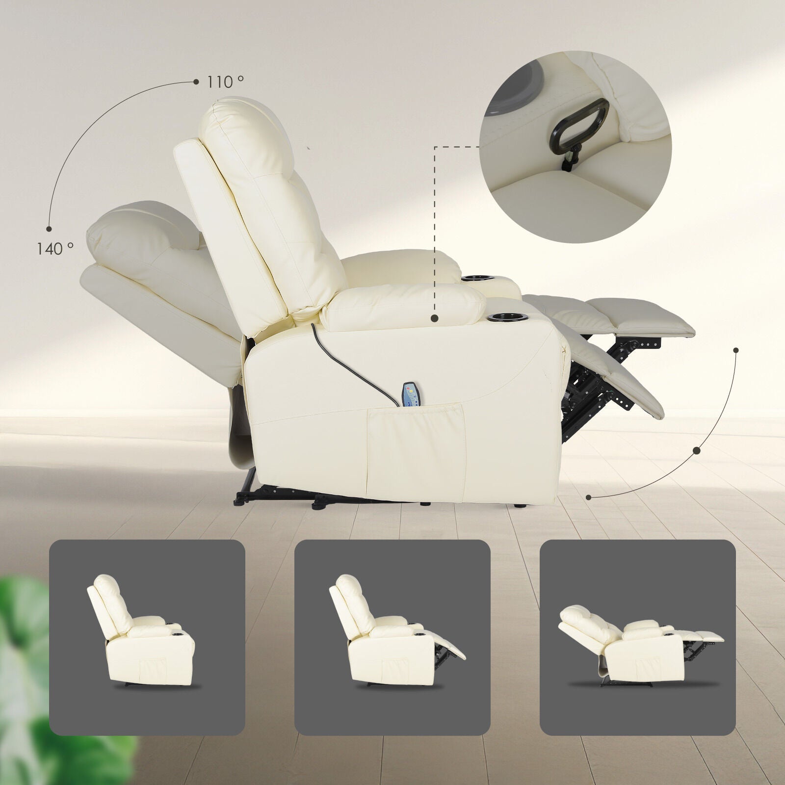 Cream tufted PU recliner side view with 110° and 140° recline angles, remote in pocket, three position insets below