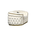 Right-side view of cream velvet chesterfield 2-seater loveseat showing rounded tufted exterior and gold base