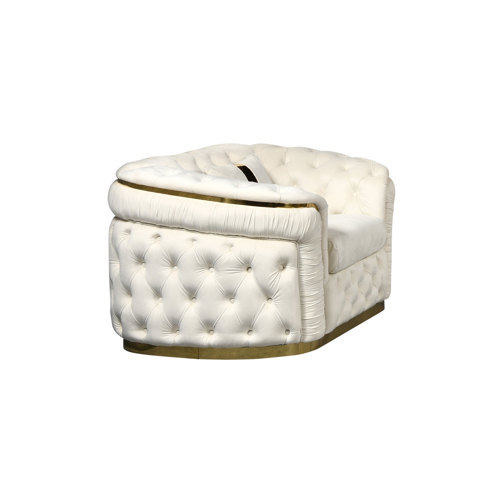 Right-side view of cream velvet chesterfield 2-seater loveseat showing rounded tufted exterior and gold base