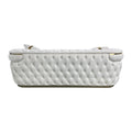 Rear view of cream velvet chesterfield 3-seater sofa showing button-tufted back and gold metal base trim