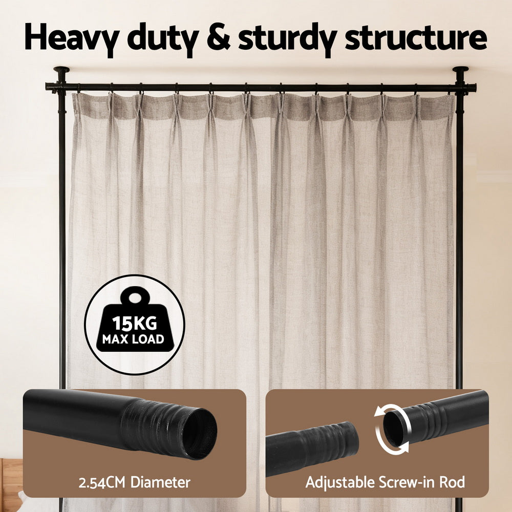 Black curtain rod frame heavy duty structure 15kg max load with 2.54cm diameter pipe and adjustable screw-in rod close-ups