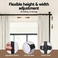 Black curtain rod frame flexible height and width adjustment with adjustable button anti-slip base and sturdy hook callouts