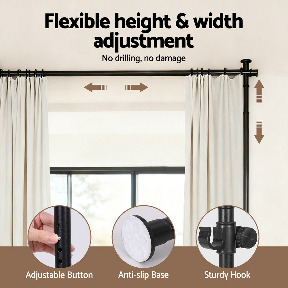 Black curtain rod frame flexible height and width adjustment with adjustable button anti-slip base and sturdy hook callouts