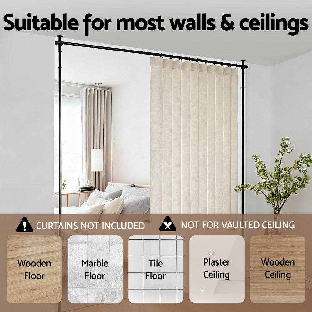 Black curtain rod frame wall and ceiling compatibility infographic with floor types and plaster wooden ceiling options
