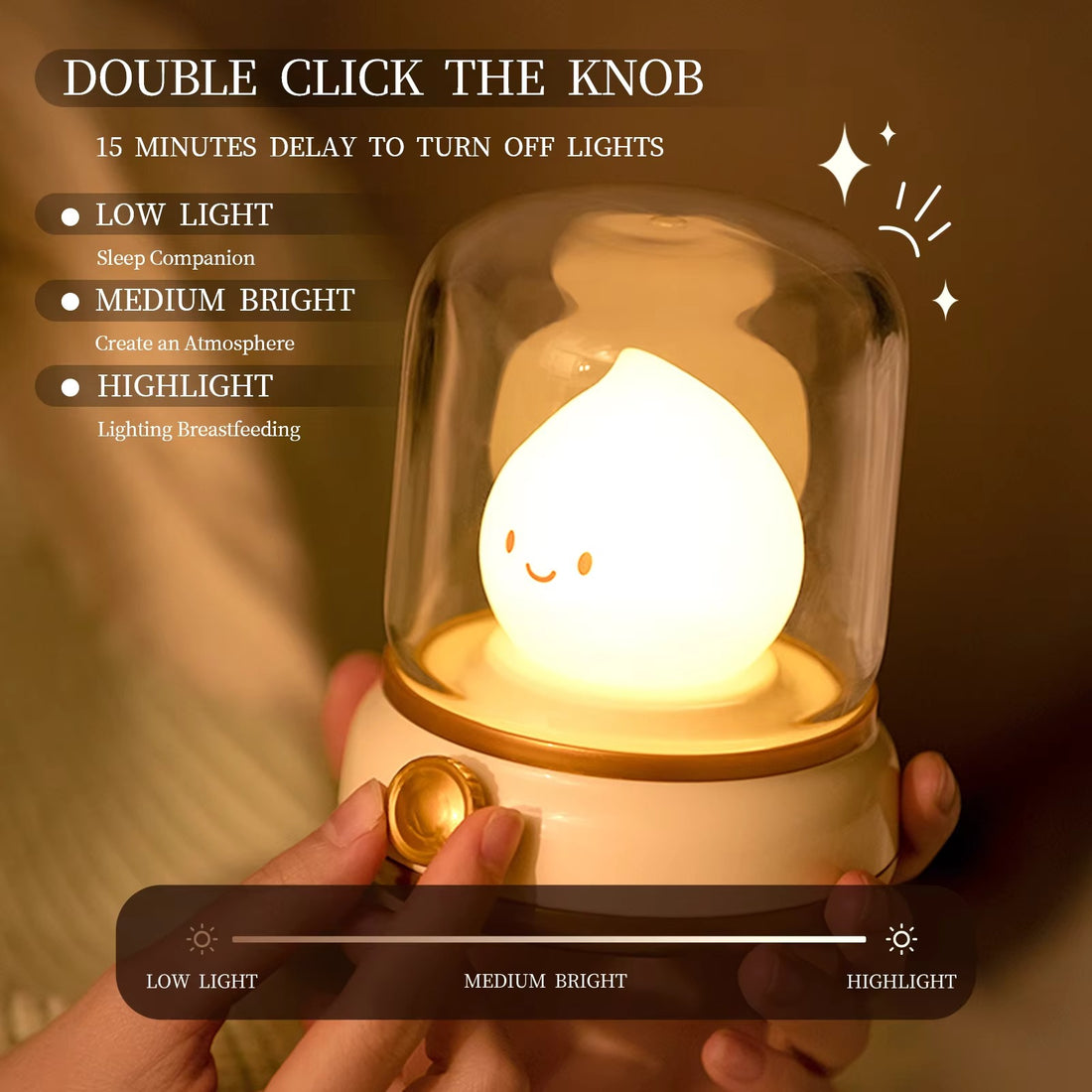 Smiley face raindrop LED lamp inside cylindrical glass dome on mint green base with gold knob on desk