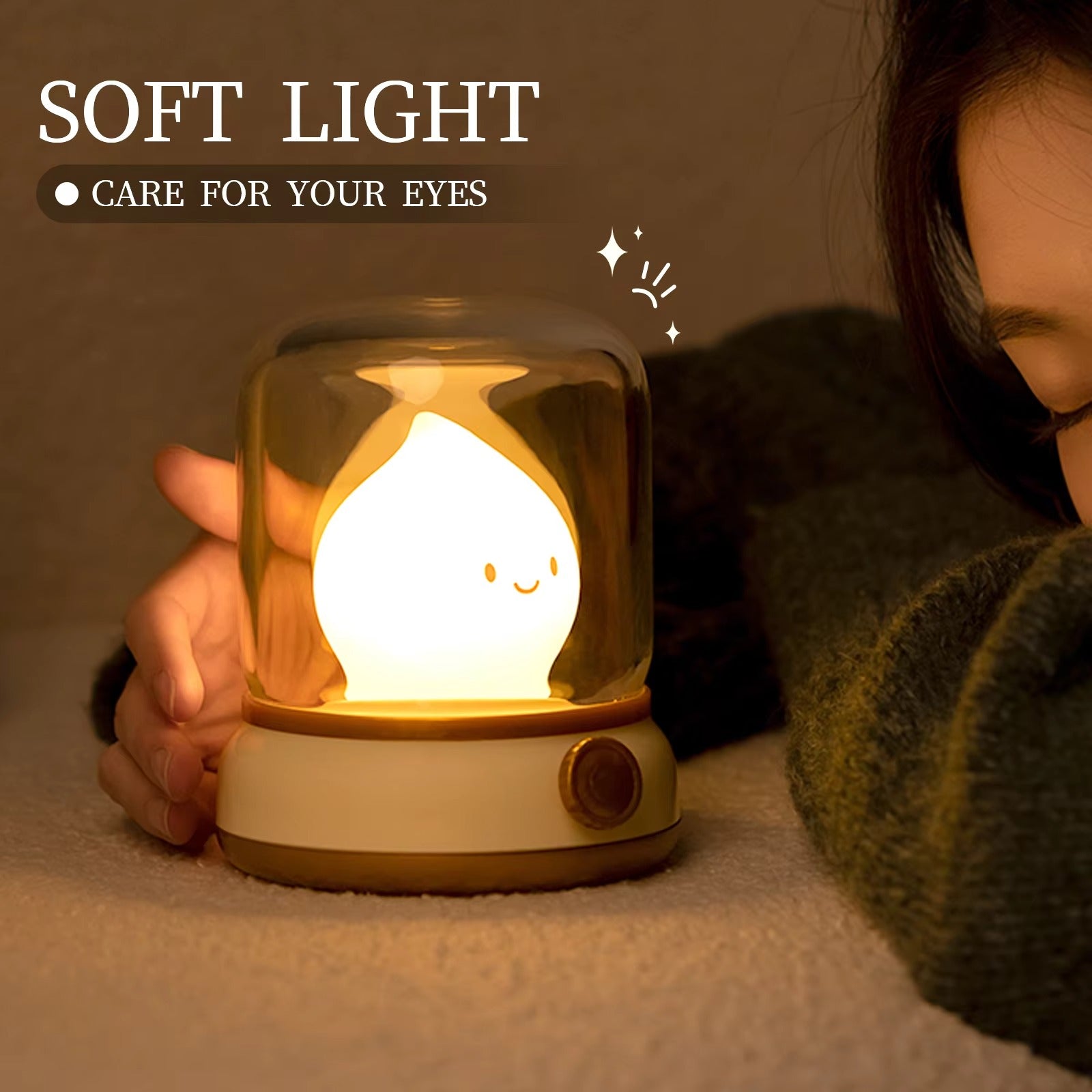 Raindrop LED lamp with Soft Light Care For Your Eyes text, woman lying beside lamp holding it on surface