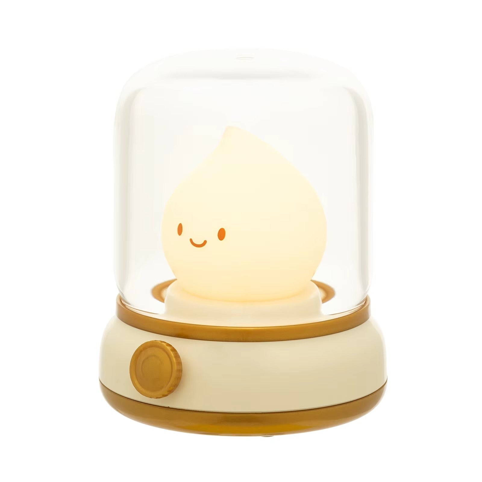 Smiley face raindrop LED lamp in glass dome on cream white base with gold trim and rotary knob on white background