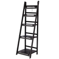 Dark espresso 5-tier A-frame ladder shelf with slatted shelves, empty, angle view on white background