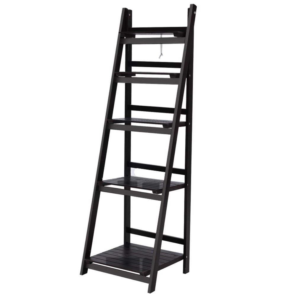 Dark espresso 5-tier A-frame ladder shelf with slatted shelves, empty, angle view on white background