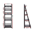 Dark espresso 5-tier ladder shelf dimensions: 140 cm tall, 44.5 cm wide, shelf width 38 cm; base depth 40 cm