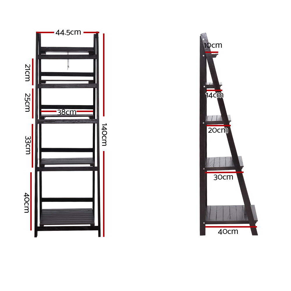 Dark espresso 5-tier ladder shelf dimensions: 140 cm tall, 44.5 cm wide, shelf width 38 cm; base depth 40 cm