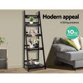 Dark espresso 5-tier ladder shelf in living room styled with toys and plants; text reads Modern appeal, 10 kg per tier