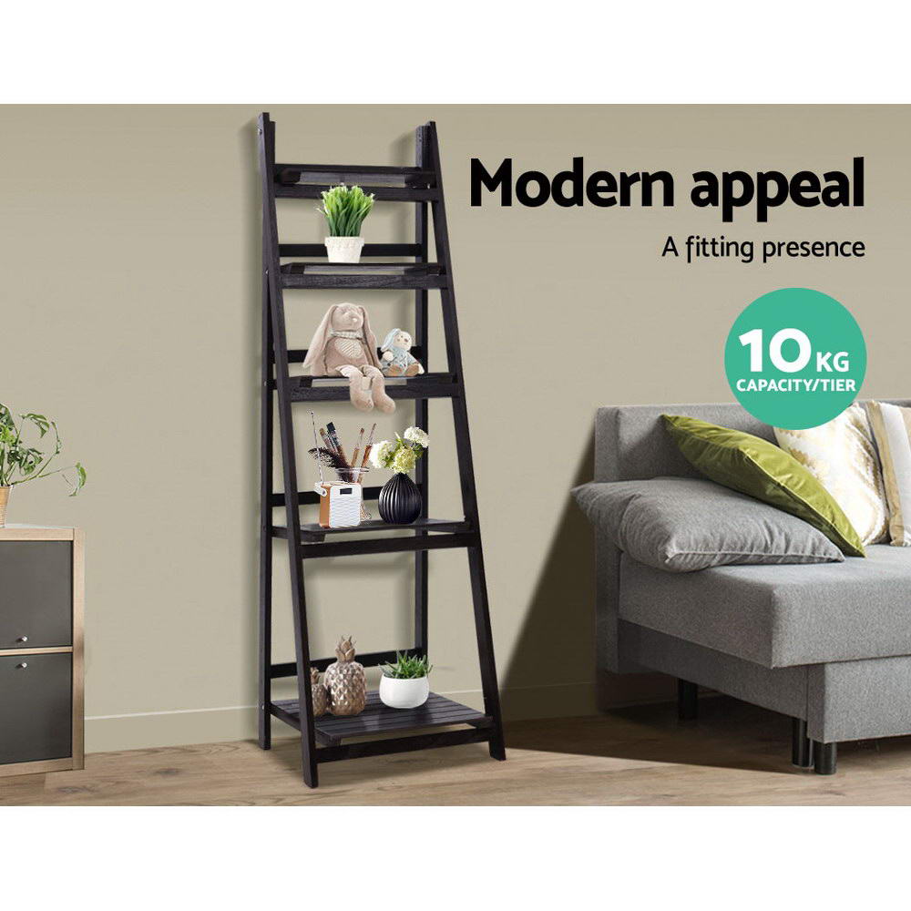 Dark espresso 5-tier ladder shelf in living room styled with toys and plants; text reads Modern appeal, 10 kg per tier