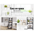 Dark A-frame ladder shelf in bathroom beside bathtub and in kitchen setting, text reads Easy on space