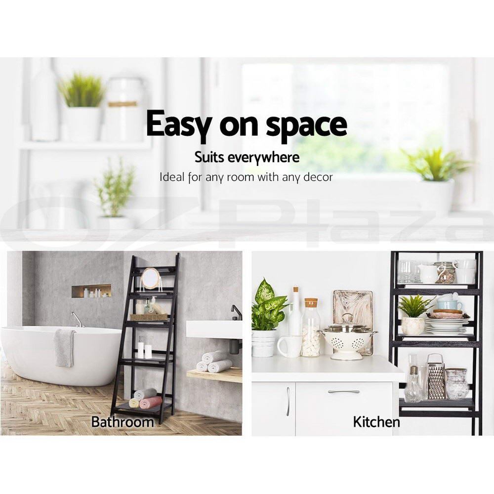 Dark A-frame ladder shelf in bathroom beside bathtub and in kitchen setting, text reads Easy on space