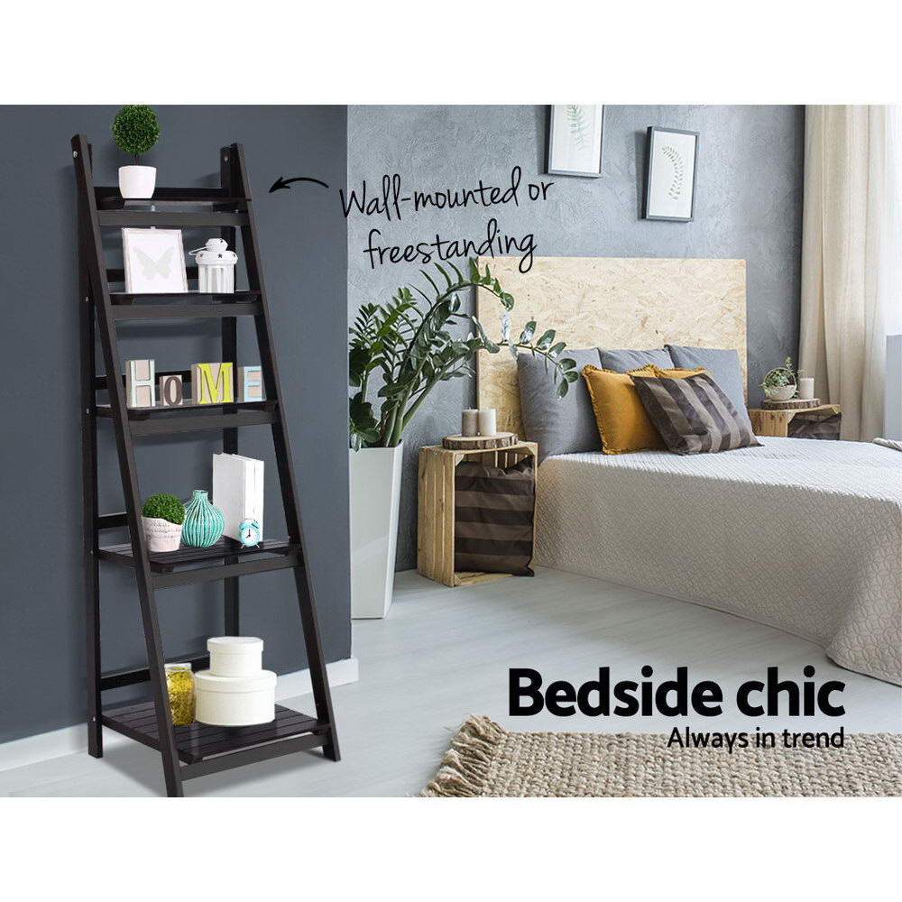 Dark espresso 5-tier ladder shelf in bedroom with decor items; text reads Wall-mounted or freestanding, bedside chic