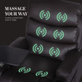 Dark brown PU leather recliner backrest with 6 green massage zone indicators and swivel tray, text 