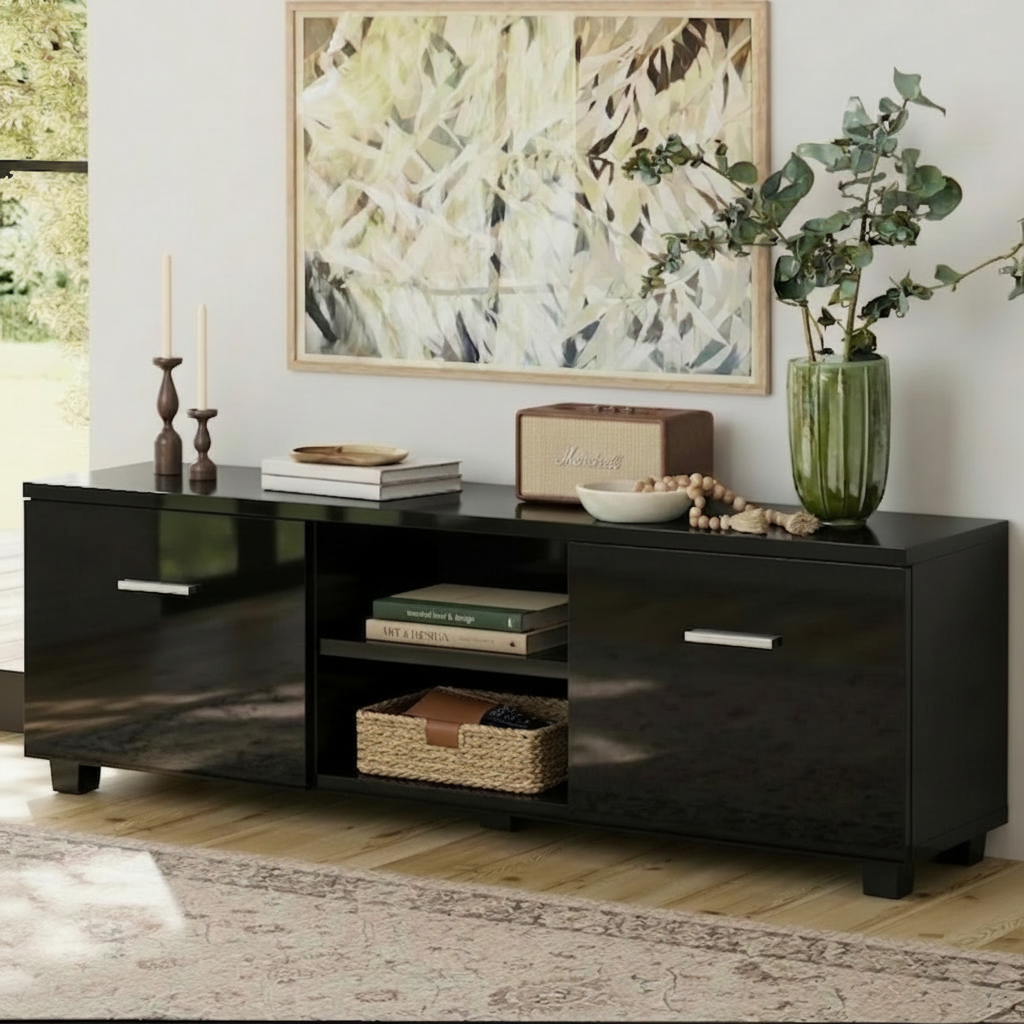 Dark espresso TV cabinet lifestyle in teal room with multiple glass vases disc player and silver bar handles
