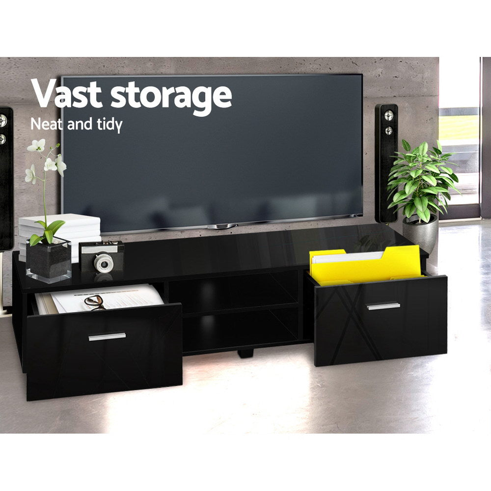 Dark espresso TV cabinet lifestyle in teal room with vases center shelves second catalog variant