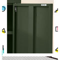 Close-up of dark green metal locker cabinet top corner showing door hinge and soft-close mechanism