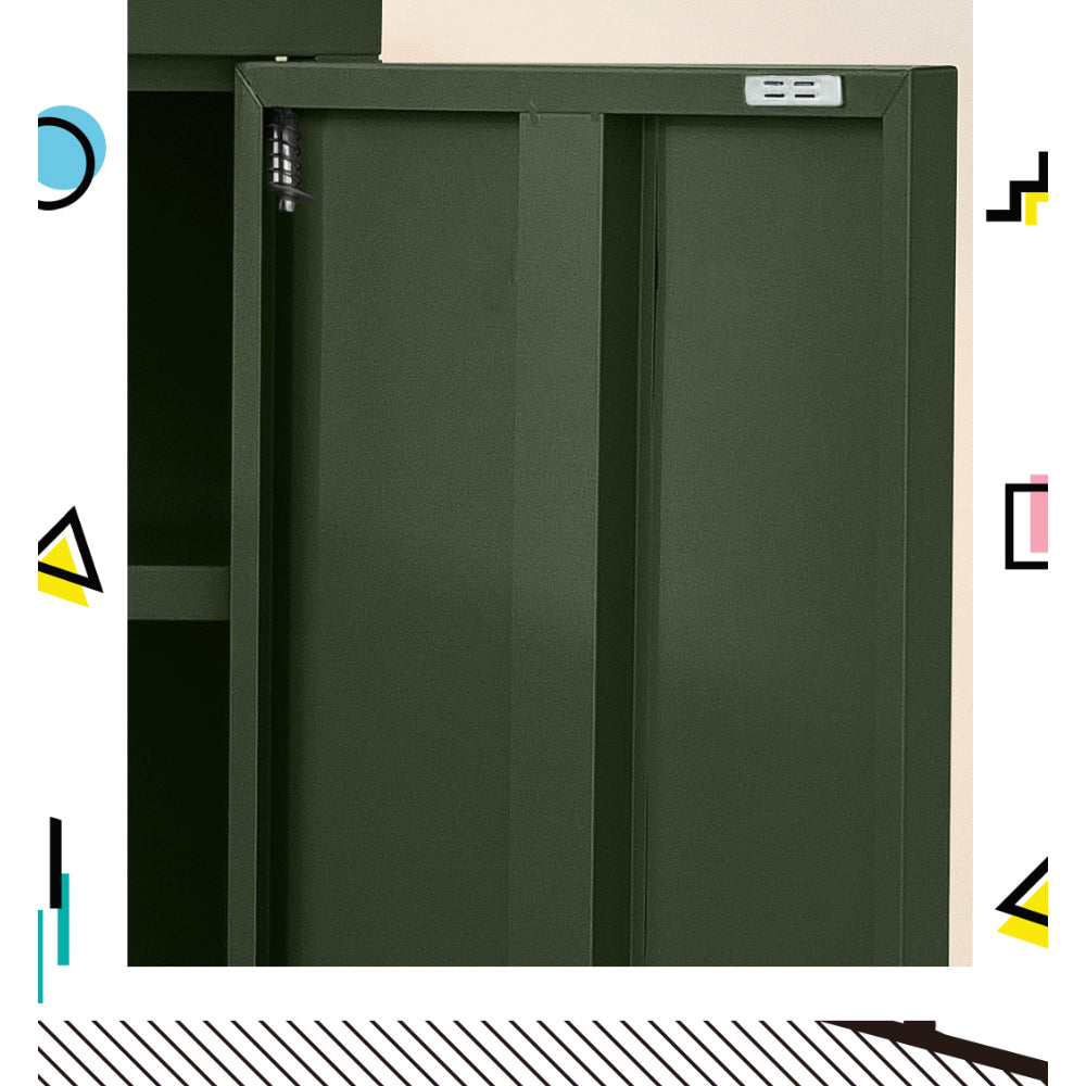 Close-up of dark green metal locker cabinet top corner showing door hinge and soft-close mechanism