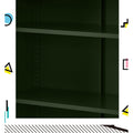 Interior close-up of dark green metal locker cabinet showing two empty adjustable shelves with pin holes