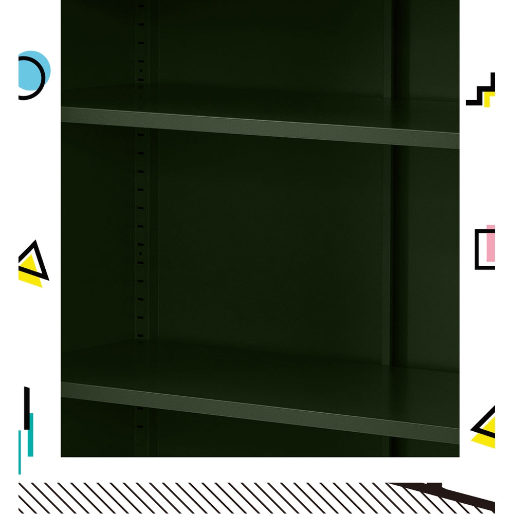 Interior close-up of dark green metal locker cabinet showing two empty adjustable shelves with pin holes