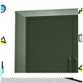 Close-up of dark green metal locker cabinet top-right corner showing door panel and flat top surface