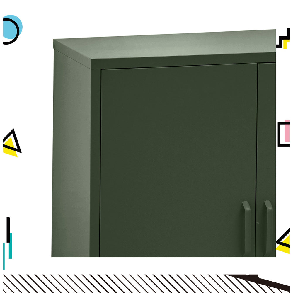 Close-up of dark green metal locker cabinet top-right corner showing door panel and flat top surface