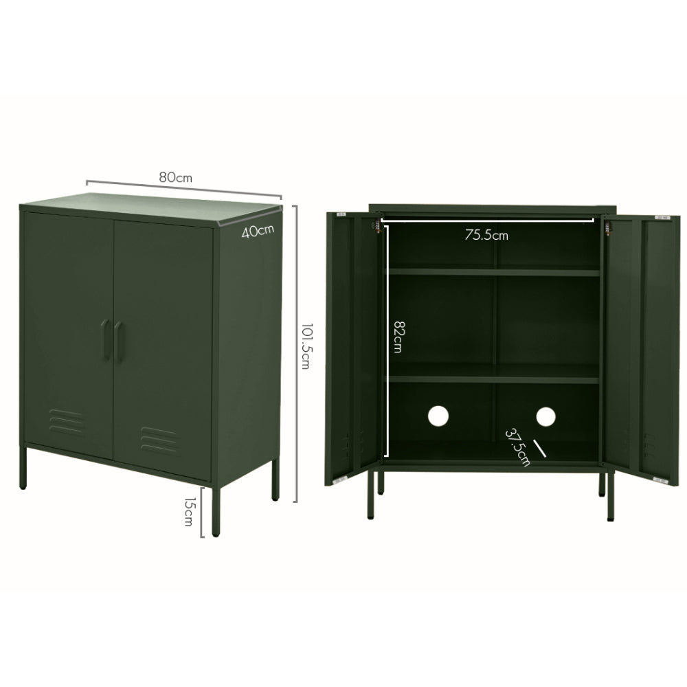 Dimension diagram of dark green two-door locker cabinet: 80cm wide, 40cm deep, 101.5cm tall, interior 75.5cm wide